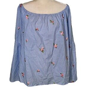 Women Off Shoulder Striped Floral Embroidered Bell Sleeve Coquette Blouse XL